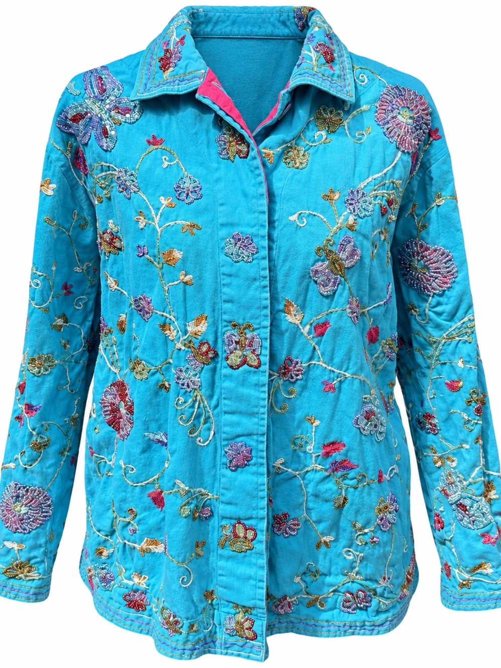 Turquoise Floral Embroidered Button-Down Shirt Jacket